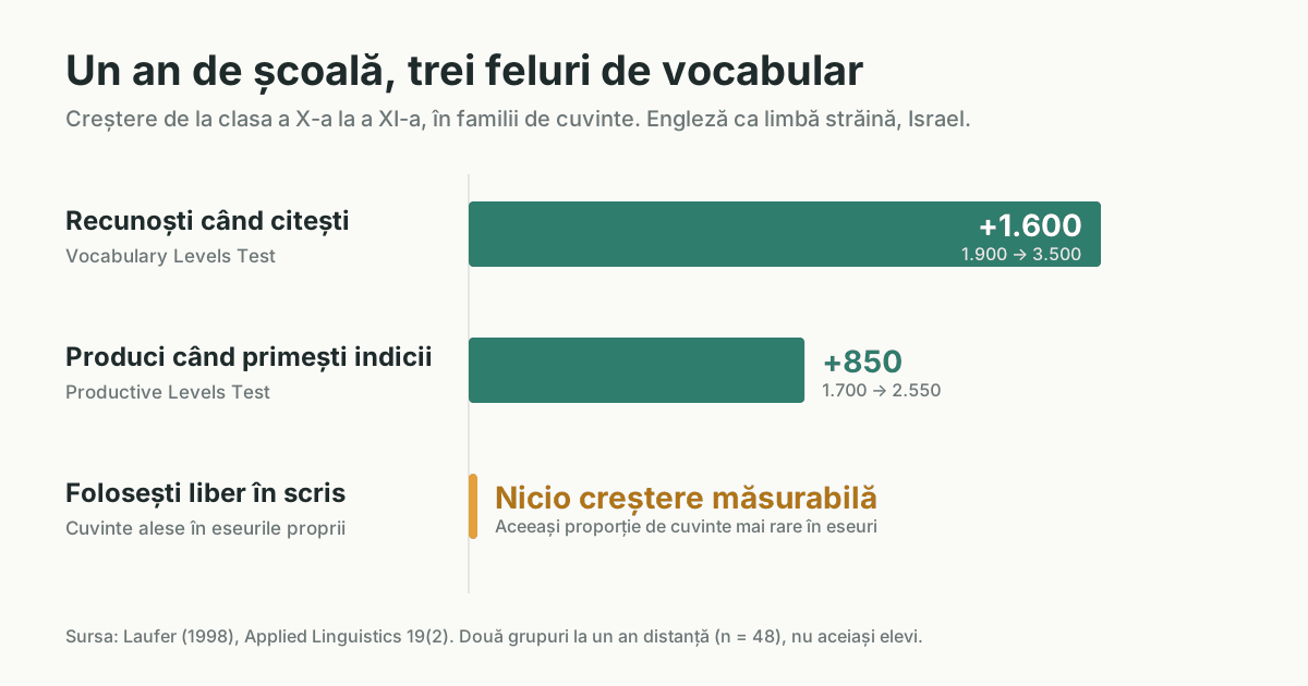 Grafic cu creșterea vocabularului într-un an școlar. Cuvintele recunoscute la citit au crescut cu aproximativ 1.600 de cuvinte. Cele scrise pornind de la primele litere au crescut cu aproximativ 850. Cuvintele folosite liber în scris nu au crescut măsurabil.