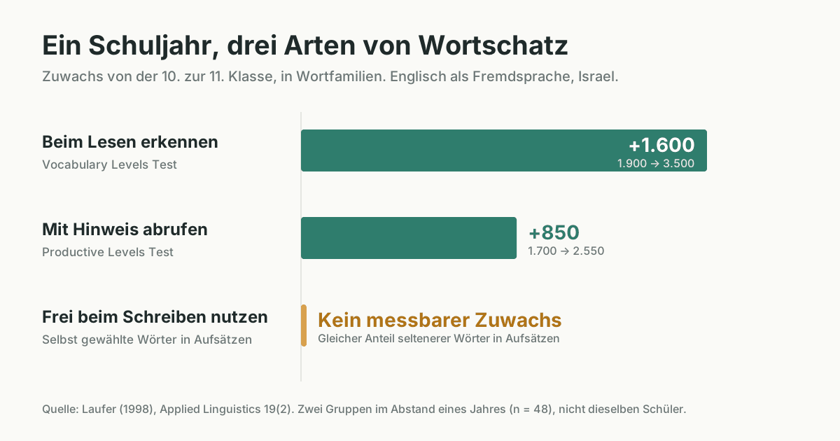 Diagramm zum Wortschatzzuwachs in einem Schuljahr. Die beim Lesen erkannten Wörter stiegen um etwa 1.600 Wortfamilien. Die mit Hinweis abgerufenen um etwa 850. Die frei beim Schreiben verwendeten Wörter stiegen nicht messbar.