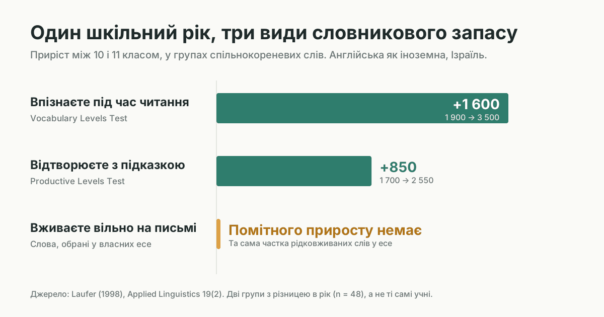 Графік приросту словникового запасу за один шкільний рік. Кількість слів, які учні впізнають під час читання, зросла приблизно на 1 600 груп спільнокореневих слів. Слова, відтворені з підказкою, зросли приблизно на 850. Вільне вживання слів на письмі помітно не зросло.